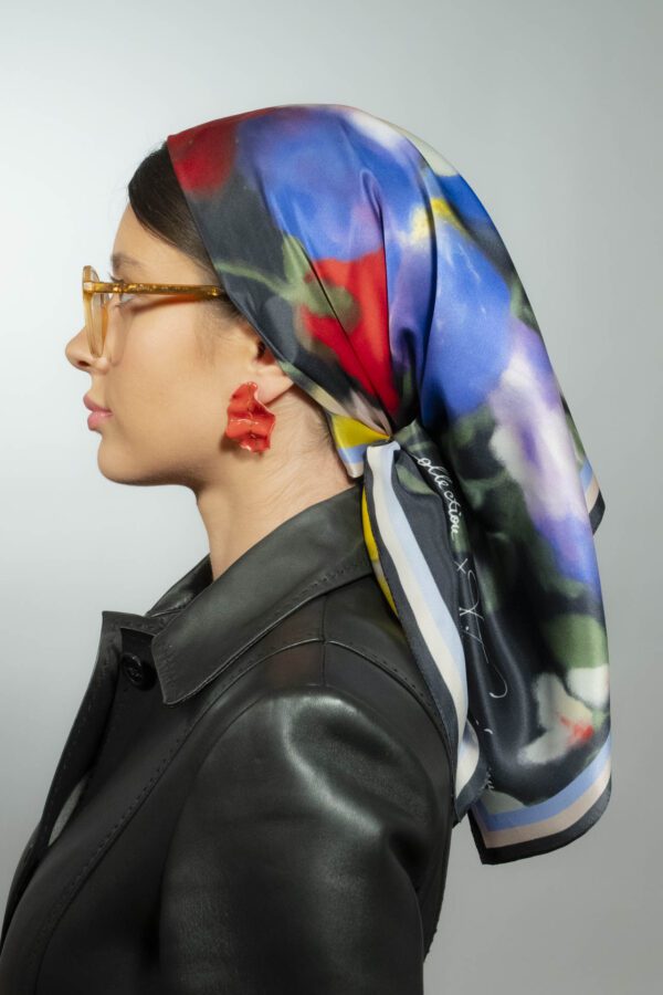 pastel prestige silk scarf 100 x 70 cm worn as a hair accessory