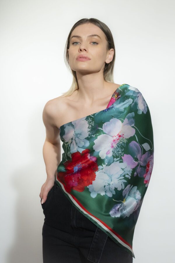 greenery silk scarf 100 x 70 cm worn by Evelyn Sarah